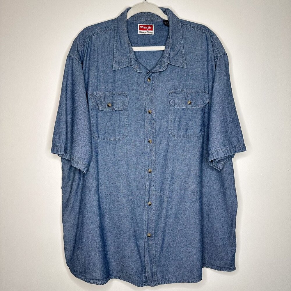 Wrangler Premium Denim 100% Cotton Blue Mens Short Sleeve‎ Button-Down Shirt